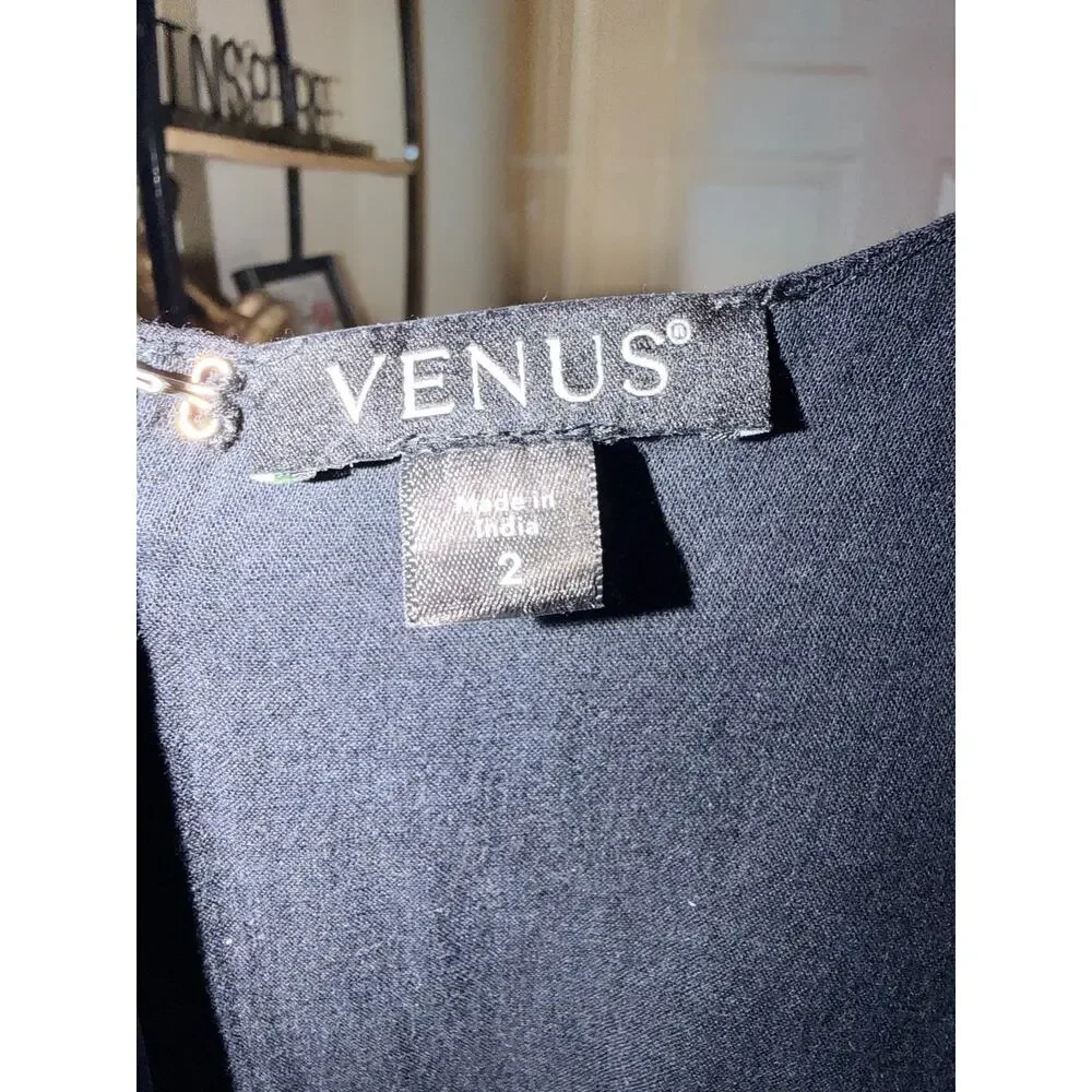 Venus 100% Cotton Black Plunge Neck Dress EUC 2